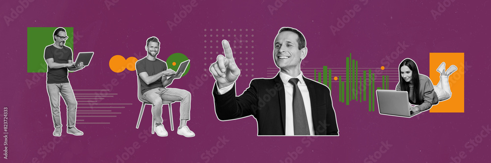 Poster photo collage artwork minimal picture of smiling colleagues working modern devices isolated graphica