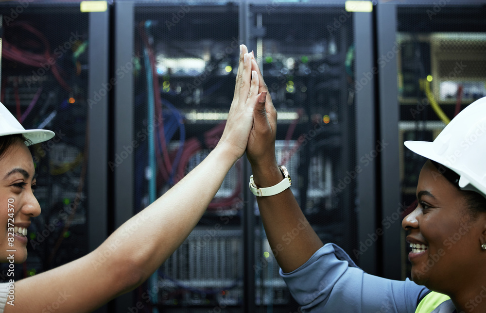 Poster Technician, teamwork and people high five for success in server room or programming maintenance. Happy, engineer and achievement in datacenter with connection, support and collaboration in system