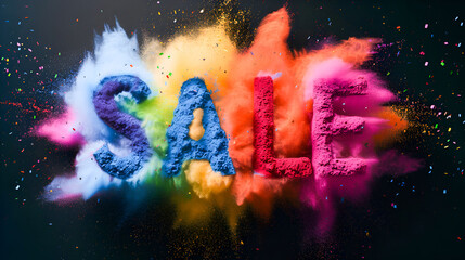 A bright multi-colored explosion of powder and paints forming the word "SALE" against a dark background, perfect for advertising discounts.