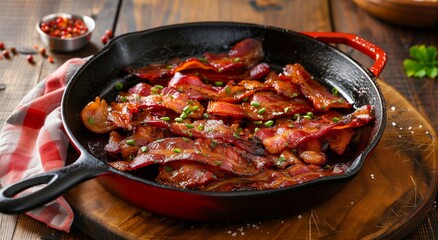 Sizzling Bacon Strips in Cast Iron Skillet with Herbs and Seasoning on Rustic Wooden Table, Perfect for Breakfast, Brunch, or Gourmet Cooking Enthusiasts