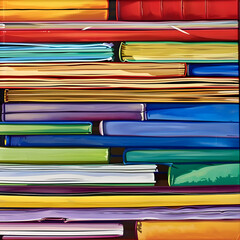 A painting of a stack of books with a rainbow of colors. The painting is titled "The Bookshelf"
