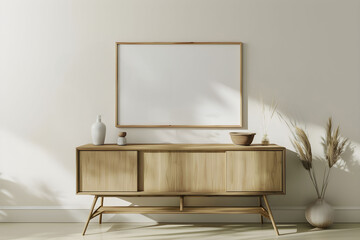Living room with wooden dresser and empty horizontal frame. Modern Japandi interior for wall art mock up.