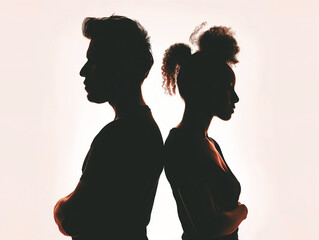 silhouette of a mid-30s hispanic man and black woman standing directly back to back