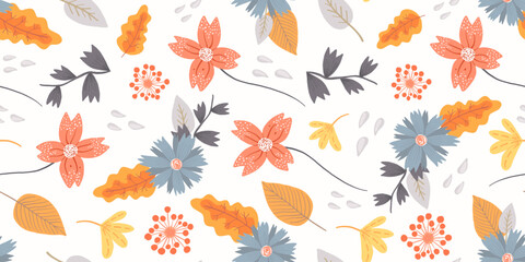 Blue and orange floral seamless pattern with hand drawn daisy flowers and leaves. Cute folk drawing red and gray bouquets of blossoms and herbs print for textile, wrapping paper, surface, wallpaper