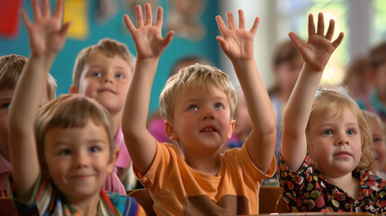 Group of Children Raising Hands in Classroom