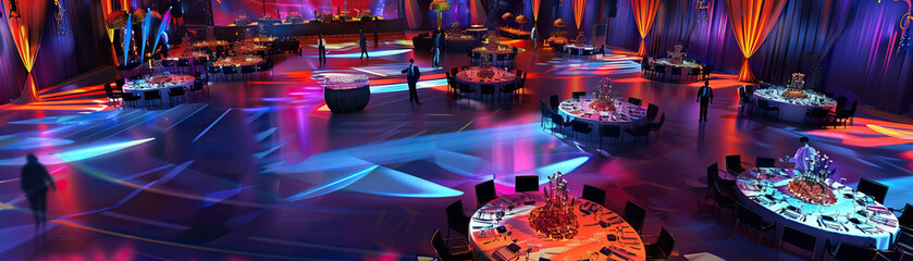 Event Venue Floor: Showing banquet tables, event decorations, staging areas, and event staff organizing and managing events