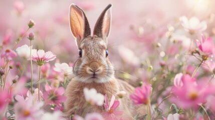 Obraz premium Cute bunny in a field of flowers.