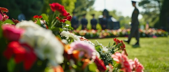 Naklejka premium Wreaths and flowers being placed at a military cemetery on Memorial Day, solemn ceremony, selective focus, honoring the brave, vibrant, Composite, military cemetery backdrop