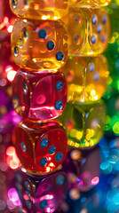 A row of colorful dice with a rainbow effect. Concept of fun and playfulness, as the dice are arranged in a visually appealing and colorful manner. The rainbow effect adds a touch of whimsy