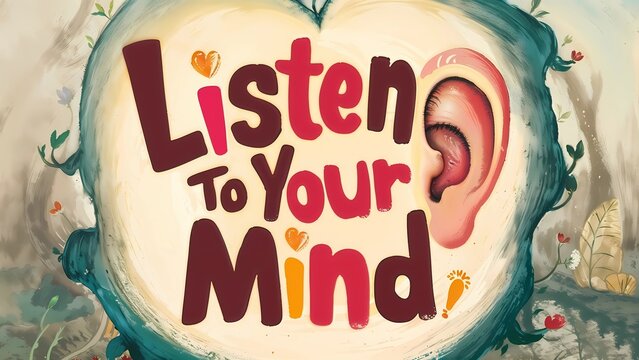Listen to Your Mind. Typography with ear design, highlighting the importance of being attuned to mental health needs