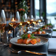 fine dining restaurant dining expensive wine with salmon
