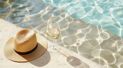 A glass of white wine and a straw hat by the blue water pool
