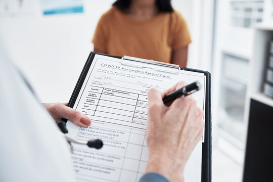 Checklist, healthcare and doctor hands in hospital with vaccine form, wellness assessment and consultation. Nurse hand, certificate or document for vaccination with writing feedback and results chart