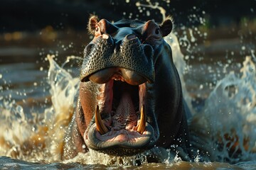 Hippo's mouth is open in the water, high quality, high resolution