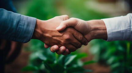 male handshake on the background of a farm with green vegetation close-up, selective focus