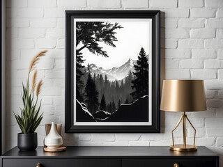 Fototapeta premium Black wooden frame for print mockup design, luxury home decor, interior design, poster, and downloadable art