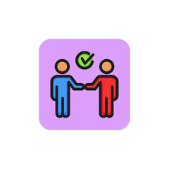 Icon of people joining hands. Checkmark, employee, membership. Business checklist concept. Can be used for topics like teamwork, collaboration, performing task