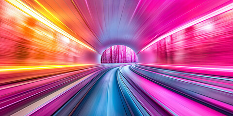 Abstract rainbow neon background. Vibrant light trails on an empty highway leading to a sunrise