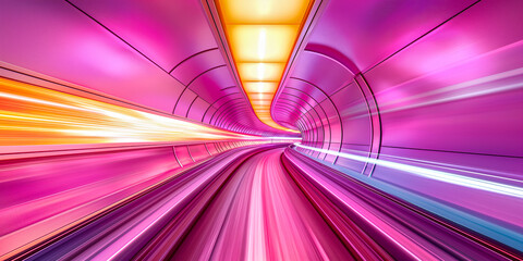Abstract perspective of a tunnel with vibrant pink and yellow light trails creating a sense of high speed