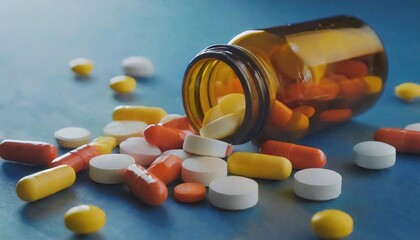 Pharmaceutical medicine pills and capsules spilling out of pill bottle on blue background