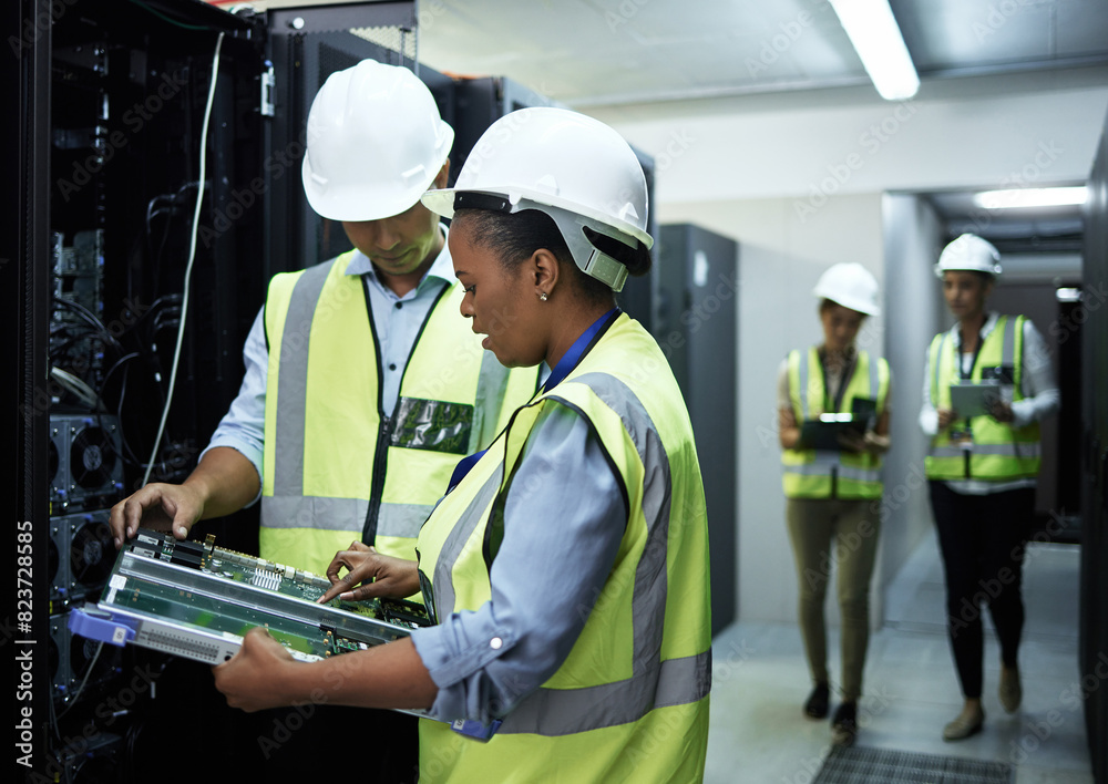 Poster Motherboard, woman and man as data engineer in programming in communication center in teamwork or collaboration. People, tech and hardware for security in server room for system update or maintenance