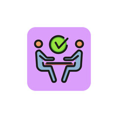 Icon of business debate. Discussion, communication, people, sitting, table. Negotiation concept. Can be used for topics like meeting, solution, decision