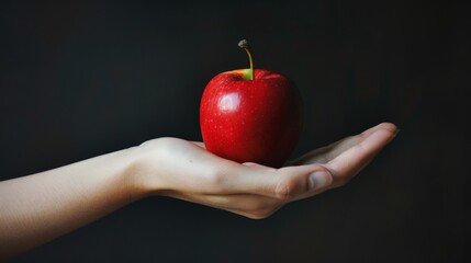 Red apple in woman's hand on a dark background