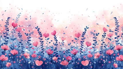 Enchanted Meadow of Heart-Shaped Flowers Under a Soft Pink Sky.