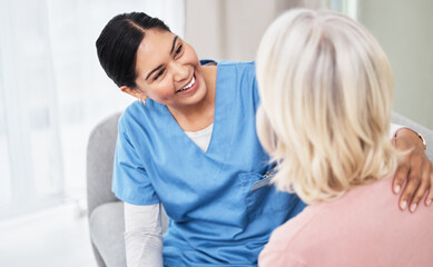 Nurse, patient and consultation or talking support for home visit or checkup good news, trust or insurance. Woman, discussion and smile with healthcare employee or help, respect or rehabilitation