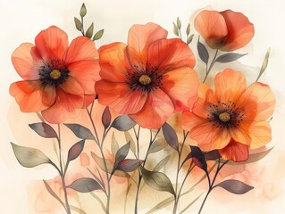 Elegant watercolor painting of orange flowers with delicate leaves, showcasing artistic beauty and serene botanical design.