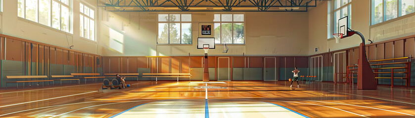 School Gymnasium Floor: Featuring basketball hoops, bleachers, gym equipment, and students participating in sports activities