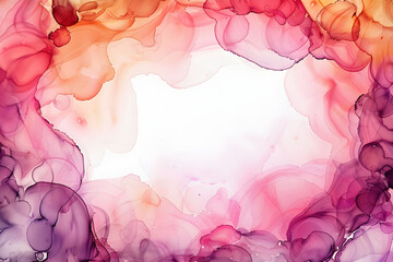 Abstract alcohol ink painting of pink and purple smoke with space for text in the center. Abstract frame with copyspace.