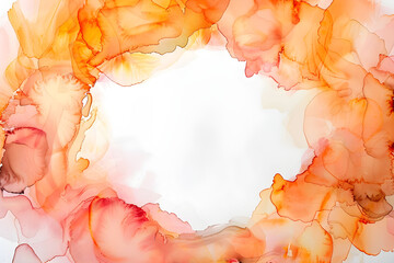 Abstract alcohol ink painting of orange smoke with space for text in the center. Abstract frame with copyspace.