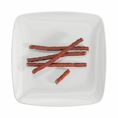 3D rendering of a top view of sliced sausage pieces on a white plate.