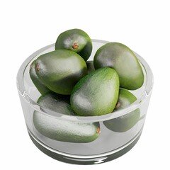 3D rendering of a glass bowl of limes on a white surface