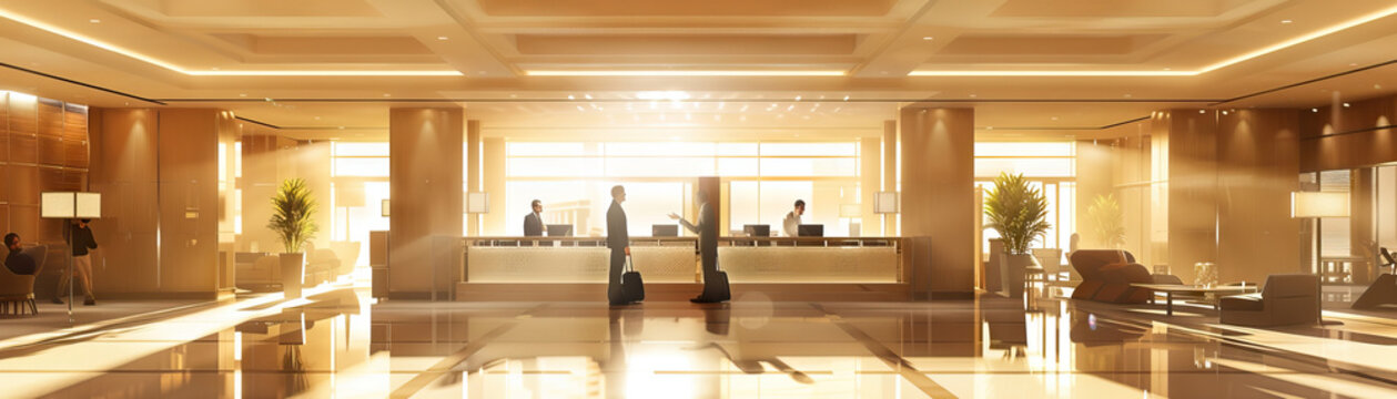 Hotel Lobby Floor: Showing check-in desks, concierge services, seating areas, and guests arriving with luggage