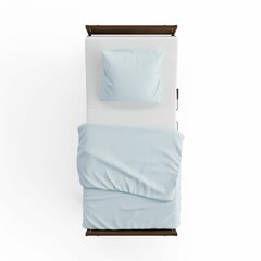 a white bed with blue sheets and pillows next to a pillow