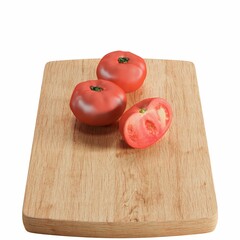 two tomatoes on a cutting board with one slice removed to make a cut