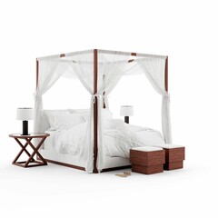 a white canopy bed with white sheets and pillows next to a small wooden table