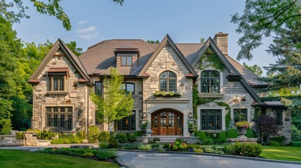 Obraz premium Suburban house with an eclectic design, combining elements of different architectural styles to create a unique and personalized appearance. generative ai