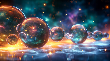 Glowing Spheres with Sparkling Bokeh Effect Floating in the air. Magical Cosmic Scene of wonder, star travel, many worlds and exploration.