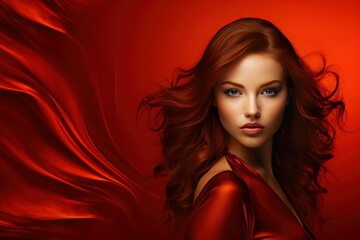 Fototapeta premium Elegant woman with vibrant red hair and satin dress against a red background, exuding luxury and glamour
