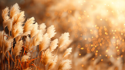 Bunch of dry grass on golden bokeh background. Sunlight is shining on the pampas grass
