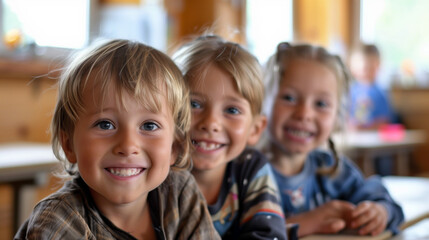 Fototapeta premium Children in Classroom - Three young children sitting at a school table