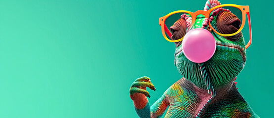 Colorful Chameleon with Glasses Blowing Bubble gum. Fun Animal concept
