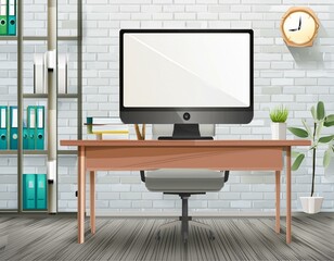 Fototapeta premium Modern bright office with work desk and computer white mockup screen