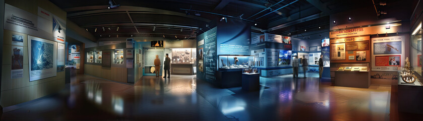 Museum Exhibition Floor: Featuring display cases, artifacts, interactive exhibits, and visitors exploring the exhibits