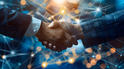 Businessmen shake hands on a blurred background of blue data cables, representing a business concept of successful teamwork and management technology