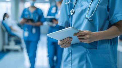 Medical professionals in scrubs holding digital tablets and stethoscopes. The background is a blurred hospital setting