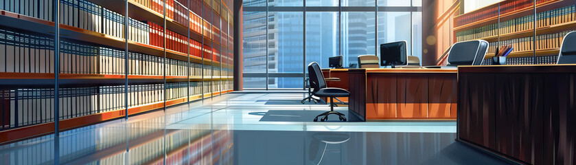 Law Firm Office Floor: Displaying legal books, conference rooms, lawyer's offices, and paralegals working